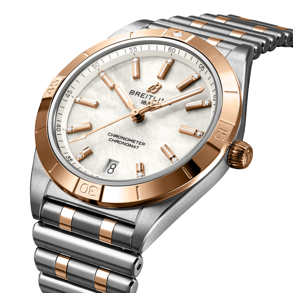 Chronomat Automatic Steel and 18K Red Gold 36mm - White, Mother-of-Pearl w/ Diamonds on Bracelet