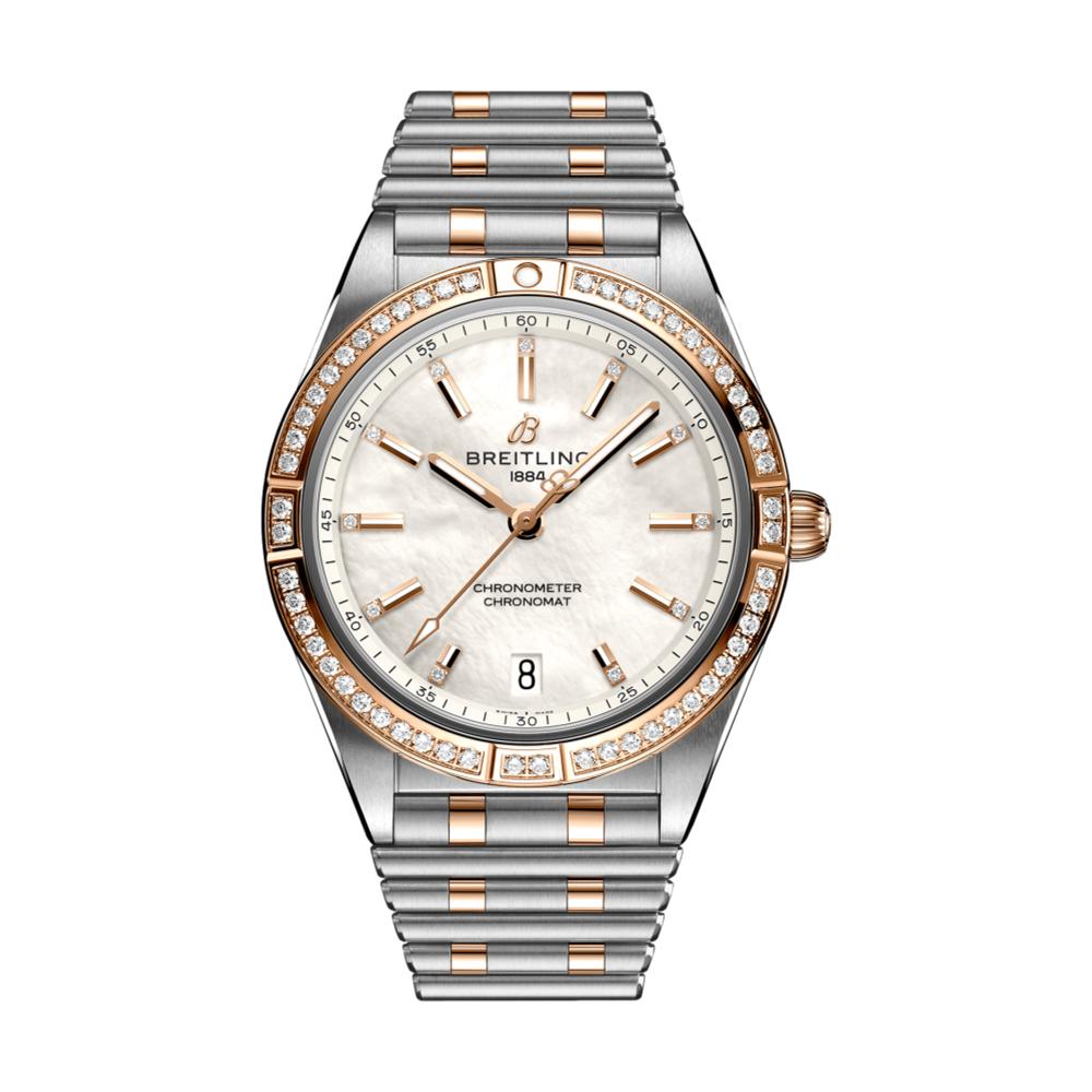 Chronomat Automatic Steel and 18K Red Gold 36mm - White, Mother-of-Pearl w/ Diamonds on Bracelet