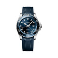 Longines HydroConquest GMT blue dial watch on blue rubber strap front view