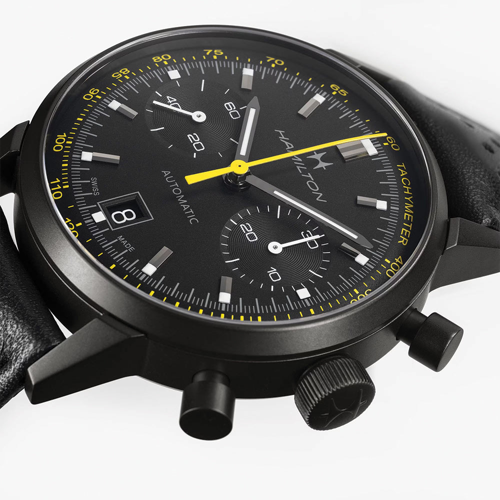 American Classic Intra-Matic Auto Chrono PVD 40mm - Black on Leather Strap with Yellow Detailing