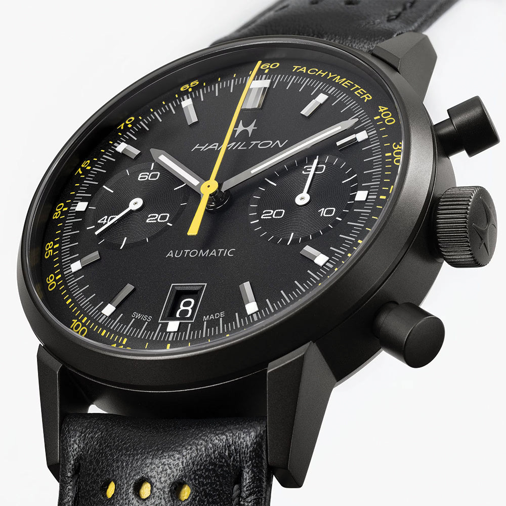 American Classic Intra-Matic Auto Chrono PVD 40mm - Black on Leather Strap with Yellow Detailing