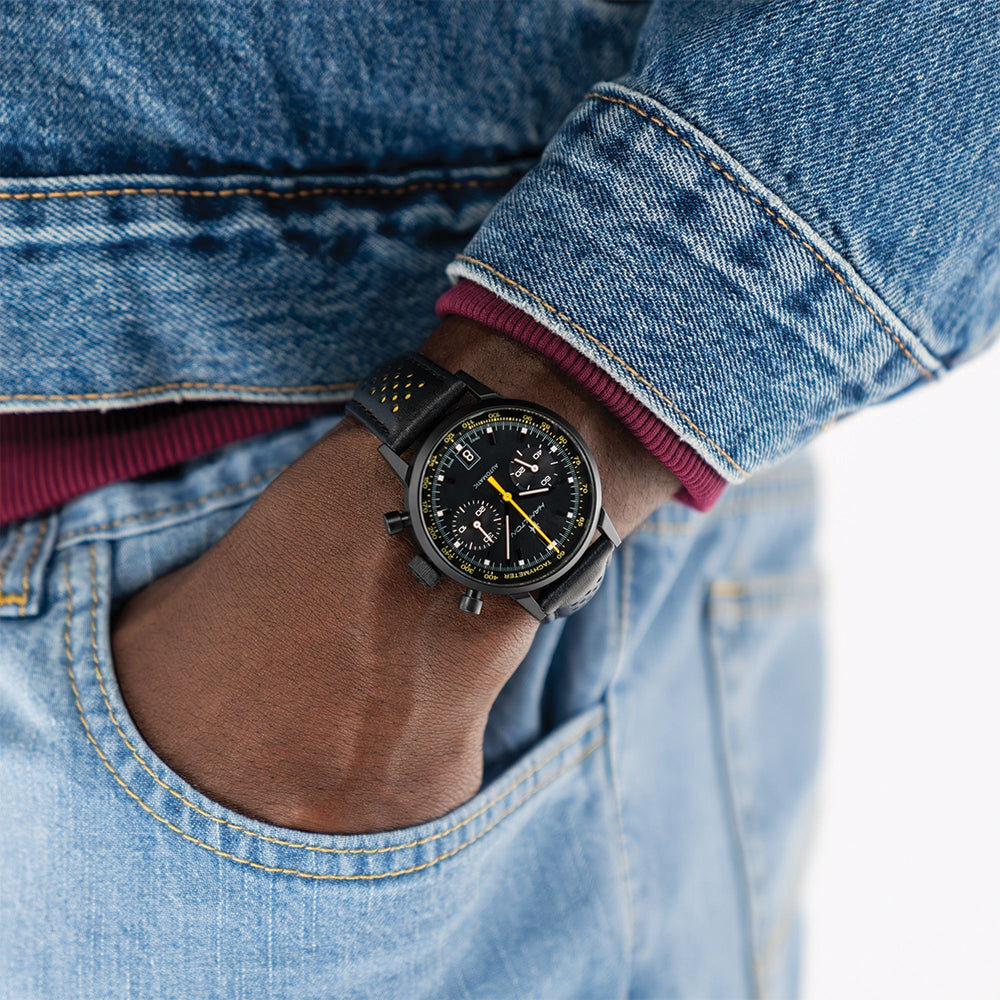 American Classic Intra-Matic Auto Chrono PVD 40mm - Black on Leather Strap with Yellow Detailing