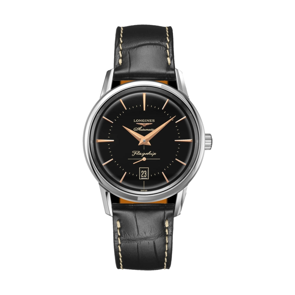 Flagship Heritage 38.5mm - Black on Leather Strap
